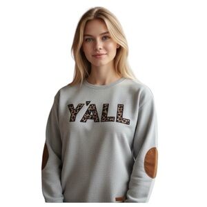 Marleylilly Leopard Print 'Y'ALL" Graphic Elbow-Patch Gray Sweatshirt 2X/3X